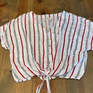 Striped Button-Up Cropped Tie-Front Top